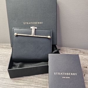 Strathberry Black Leather Wallet with Gold Bar Detail